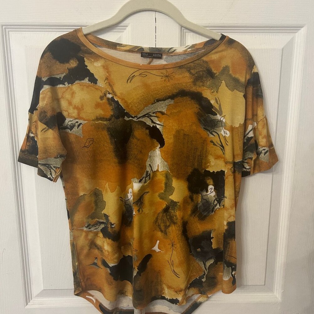 Zara Gold/Yellow Watercolor Short-Sleeve Top Size S